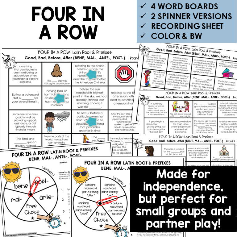 Four in a Row word board activity for Latin root and prefixes BENE, MAL-, ANTE-, POST-