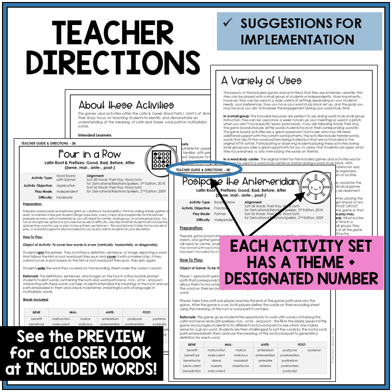 Teacher directions for Latin root and prefixes BENE, MAL-, ANTE-, POST- games