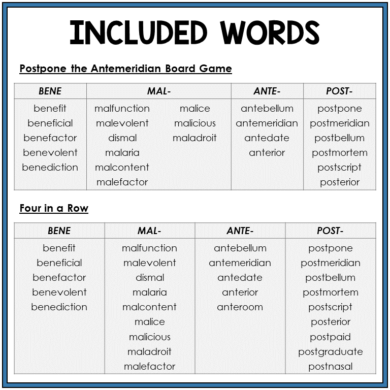 Word list for Latin root and prefixes BENE, MAL-, ANTE-, POST-, Sort 38