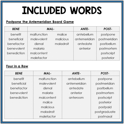 Word list for Latin root and prefixes BENE, MAL-, ANTE-, POST-, Sort 38