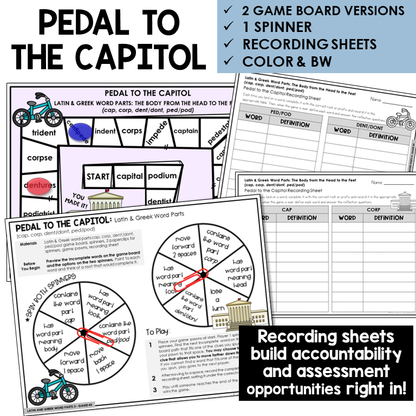 Pedal to the Capitol board game for Latin and Greek word parts CAP, CORP, DENT/DONT, PED/POD