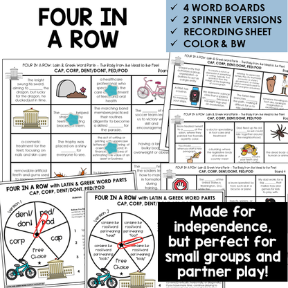 Four in a Row word board activity for Latin and Greek word parts CAP, CORP, DENT/DONT, PED/POD
