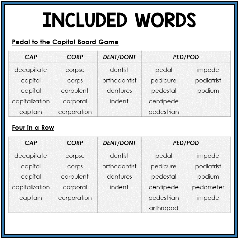 Word list for Latin and Greek word parts CAP, CORP, DENT/DONT, PED/POD, Sort 43
