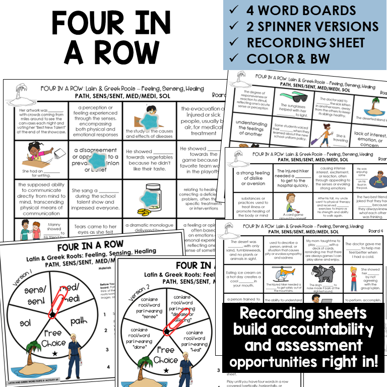 Four in a Row word board activity for Latin and Greek roots PATH, SENS/SENT, MED/MEDI, SOL