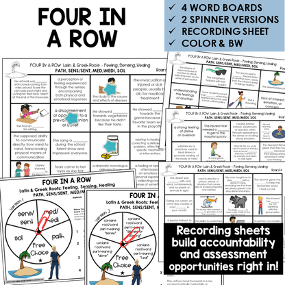 Four in a Row word board activity for Latin and Greek roots PATH, SENS/SENT, MED/MEDI, SOL