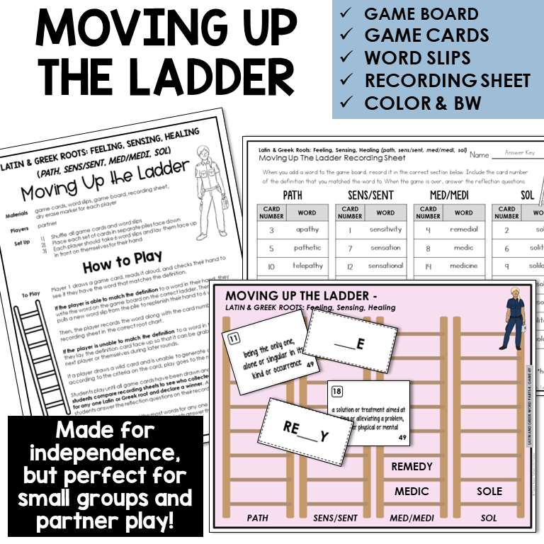 Moving Up the Ladder board game for Latin and Greek roots PATH, SENS/SENT, MED/MEDI, SOL