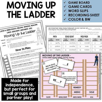 Moving Up the Ladder board game for Latin and Greek roots PATH, SENS/SENT, MED/MEDI, SOL
