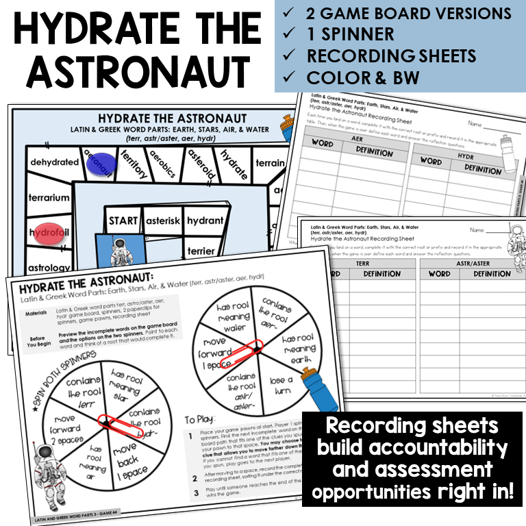 Hydrate the Astronaut board game for Latin and Greek word parts TERR, ASTR/ASTER, AER, HYDR