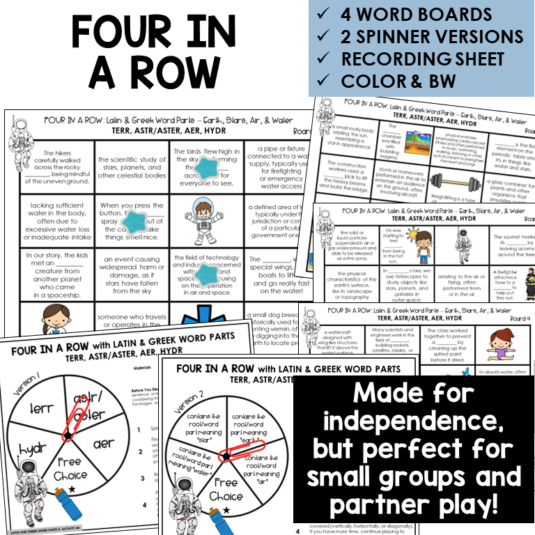 Four in a Row word board activity for Latin and Greek word parts TERR, ASTR/ASTER, AER, HYDR