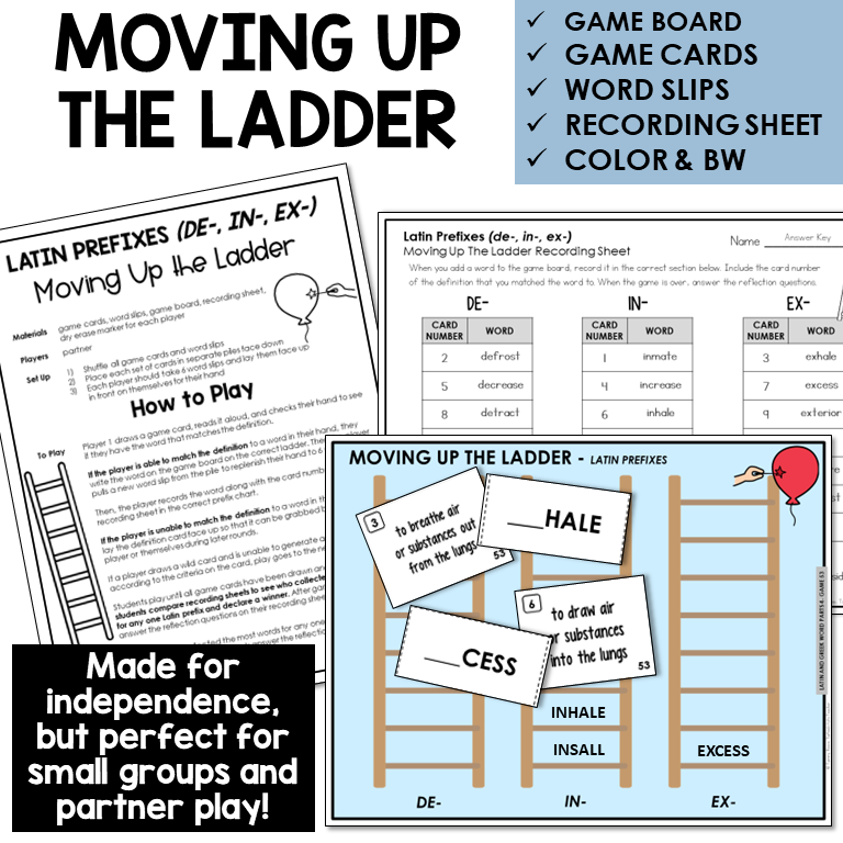 Moving Up the Ladder board game for Latin prefixes DE-, IN-, EX-
