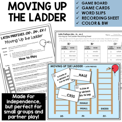 Moving Up the Ladder board game for Latin prefixes DE-, IN-, EX-