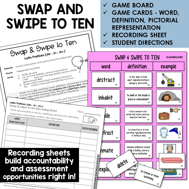 Swipe & Swap to Ten card game for Latin prefixes DE-, IN-, EX-