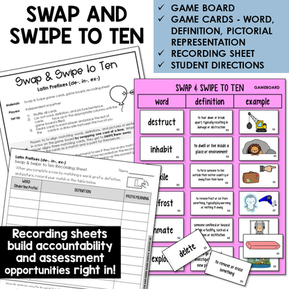 Swipe & Swap to Ten card game for Latin prefixes DE-, IN-, EX-