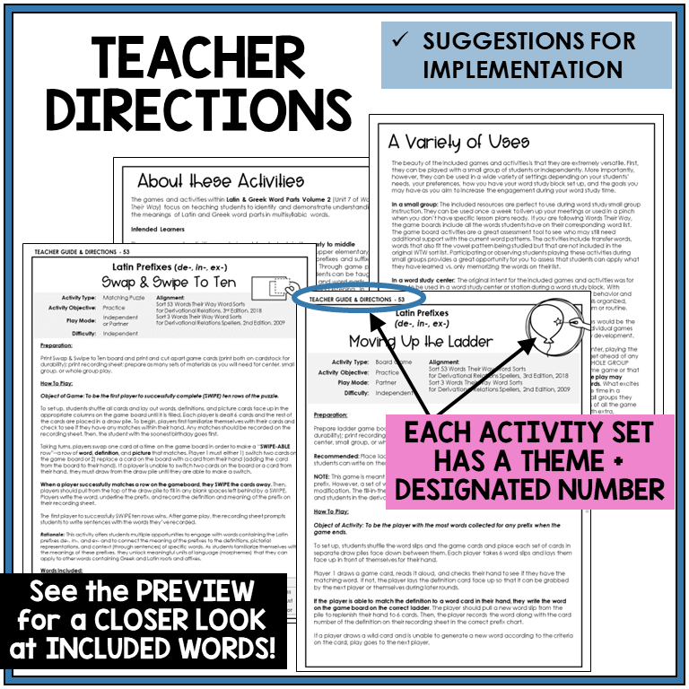 Teacher directions for Latin prefixes DE-, IN-, EX- games