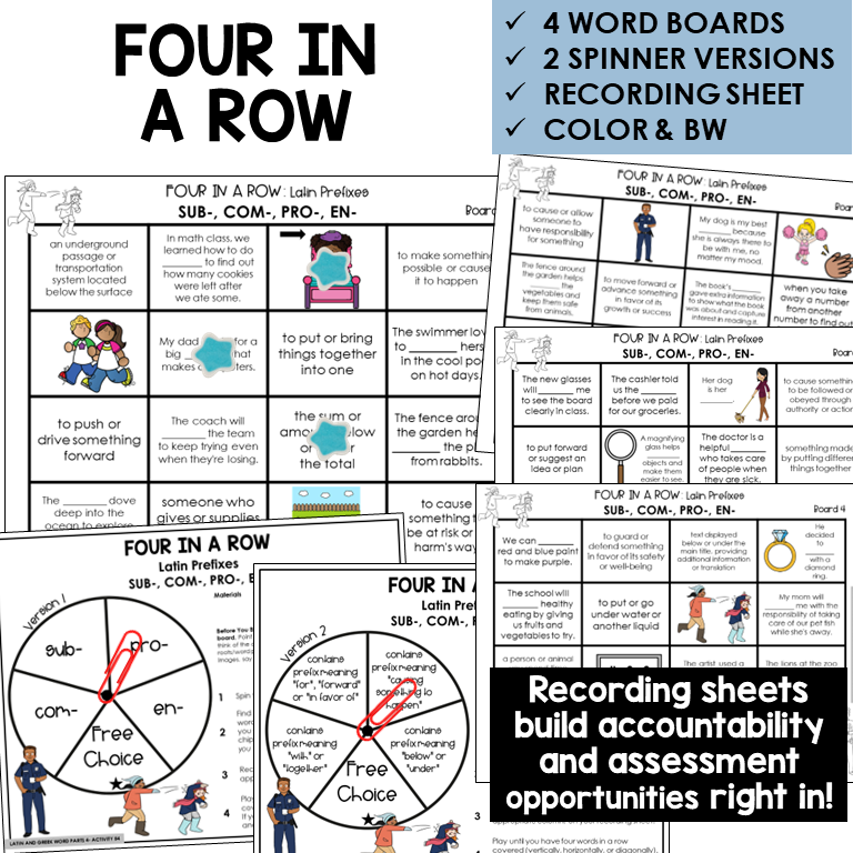 Four in a Row word board activity for Latin prefixes SUB-, COM-, PRO-, EN-