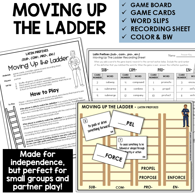 Moving Up the Ladder board game for Latin prefixes SUB-, COM-, PRO-, EN-
