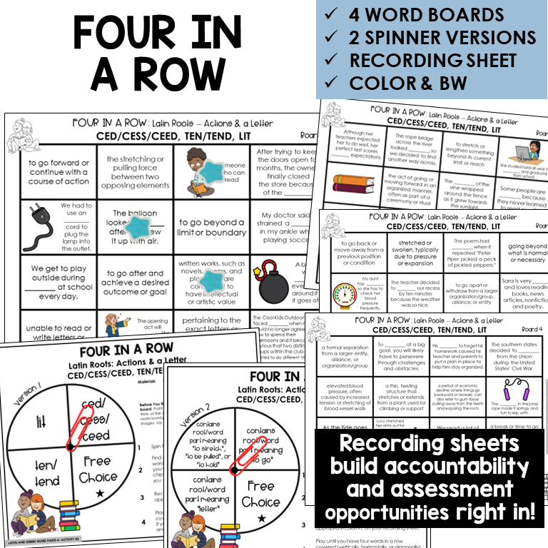 Four in a Row word board activity for Latin roots CED/CESS/CEED, TEN/TEND, LIT