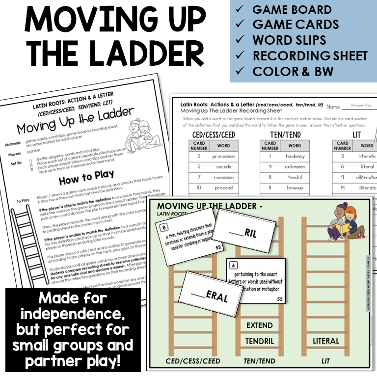 Moving Up the Ladder board game for Latin roots CED/CESS/CEED, TEN/TEND, LIT