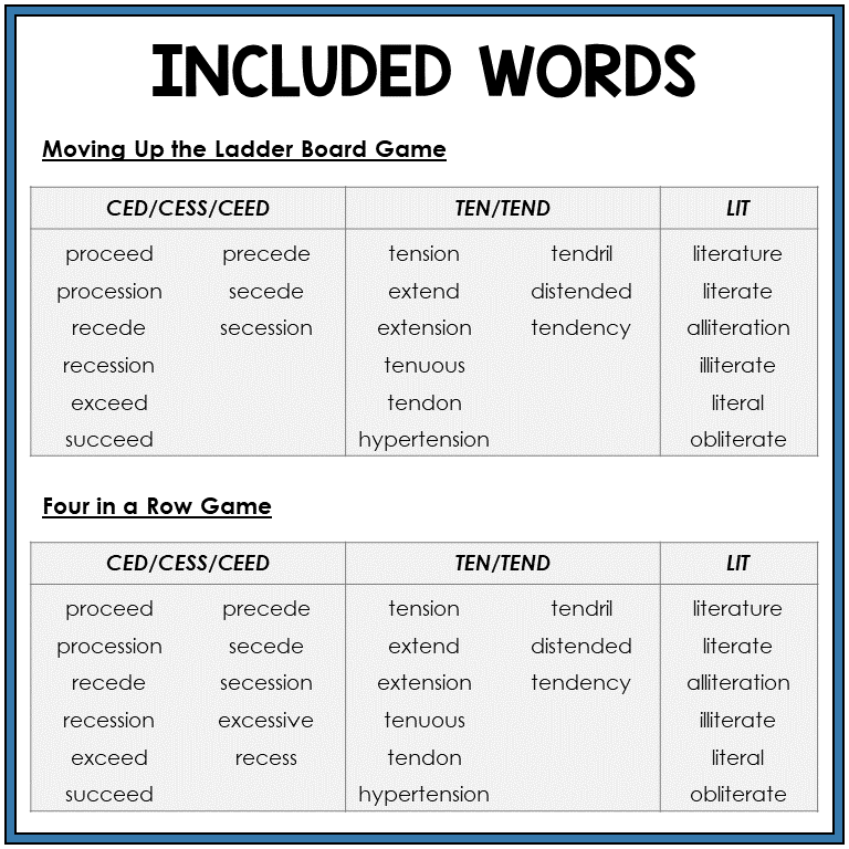 Word list for Latin roots CED/CESS/CEED, TEN/TEND, LIT, Sort 52