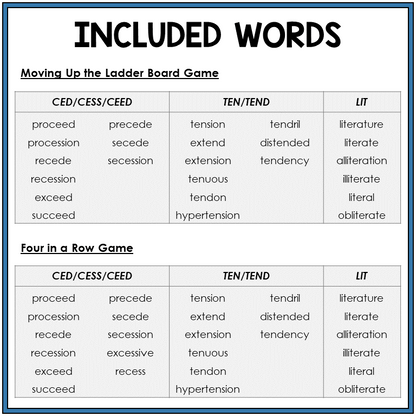 Word list for Latin roots CED/CESS/CEED, TEN/TEND, LIT, Sort 52