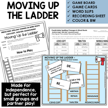 Moving Up the Ladder board game for spelling changes in roots CEIV/CEPT, TAIN/TEN, NOUNCE/NUNC