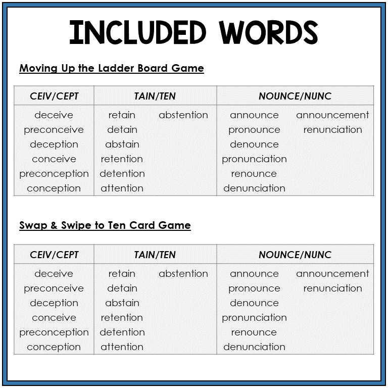 Word list for spelling changes in roots CEIV/CEPT, TAIN/TEN, NOUNCE/NUNC, Sort 55