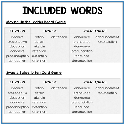 Word list for spelling changes in roots CEIV/CEPT, TAIN/TEN, NOUNCE/NUNC, Sort 55