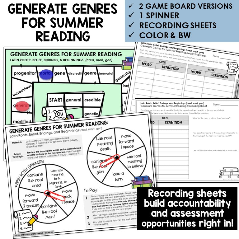 Generate Genres for Summer Reading board game for Latin roots CRED, MORT, GEN