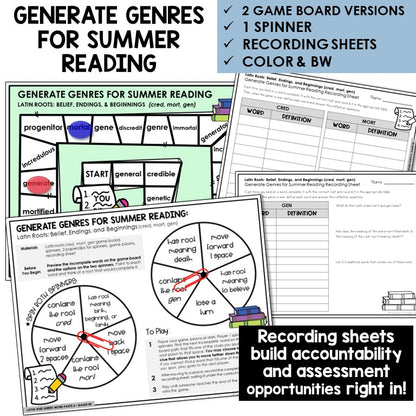 Generate Genres for Summer Reading board game for Latin roots CRED, MORT, GEN