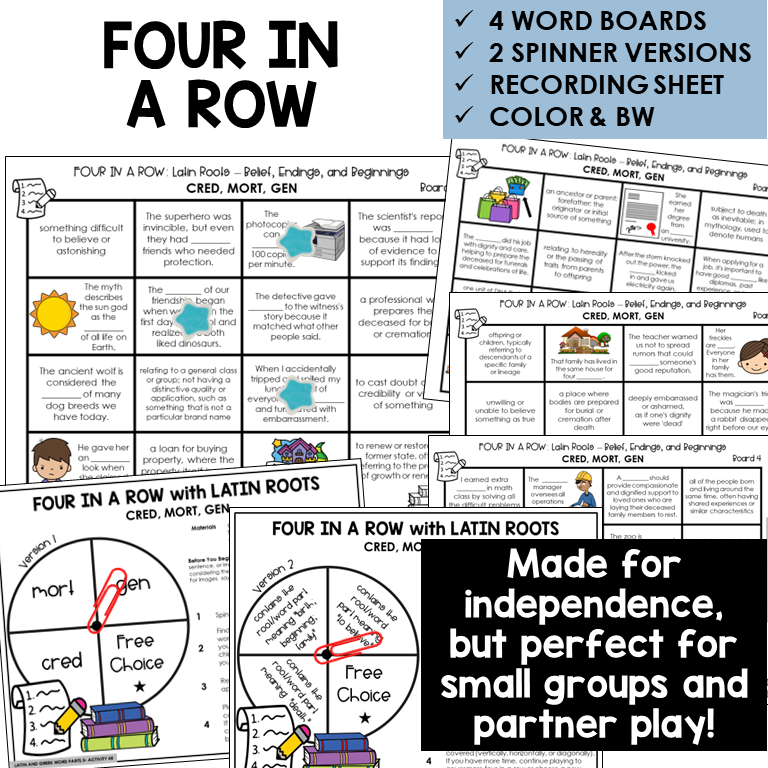Four in a Row word board activity for Latin roots CRED, MORT, GEN