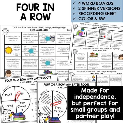 Four in a Row word board activity for Latin roots CRED, MORT, GEN