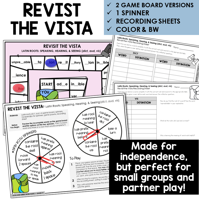 Revisit the Vista board game for Latin roots DICT, AUD, VIS