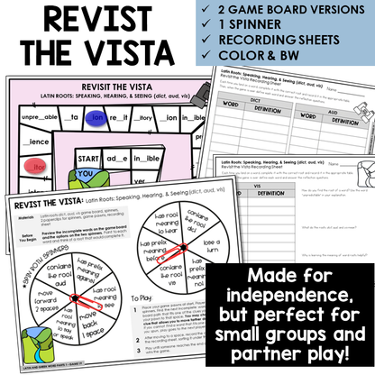 Revisit the Vista board game for Latin roots DICT, AUD, VIS