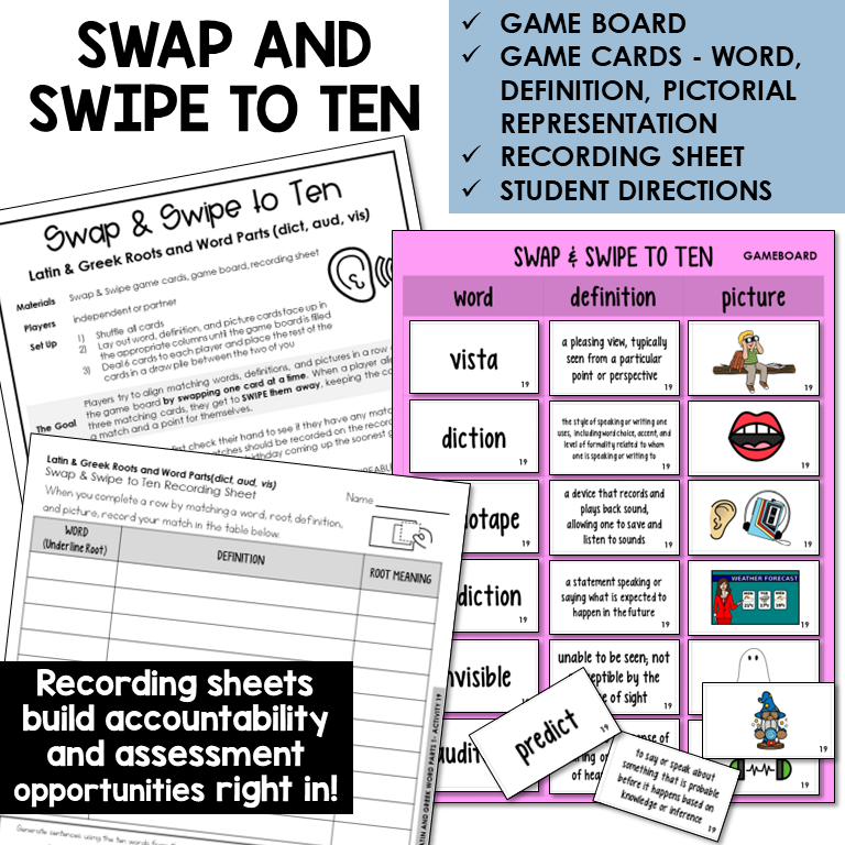 Swipe & Swap to Ten card game for Latin roots DICT, AUD, VIS