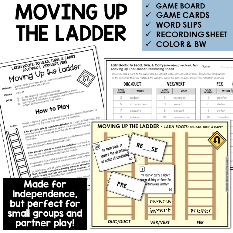 Moving Up the Ladder board game for Latin roots DUC/DUCT, VER/VERT, FER