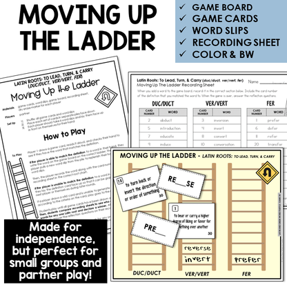 Moving Up the Ladder board game for Latin roots DUC/DUCT, VER/VERT, FER