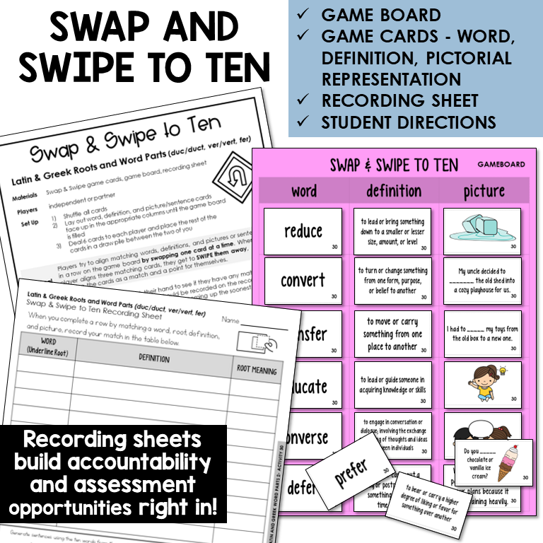 Swipe & Swap to Ten card game for Latin roots DUC/DUCT, VER/VERT, FER