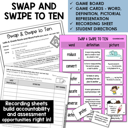 Swipe & Swap to Ten card game for Latin roots DUC/DUCT, VER/VERT, FER