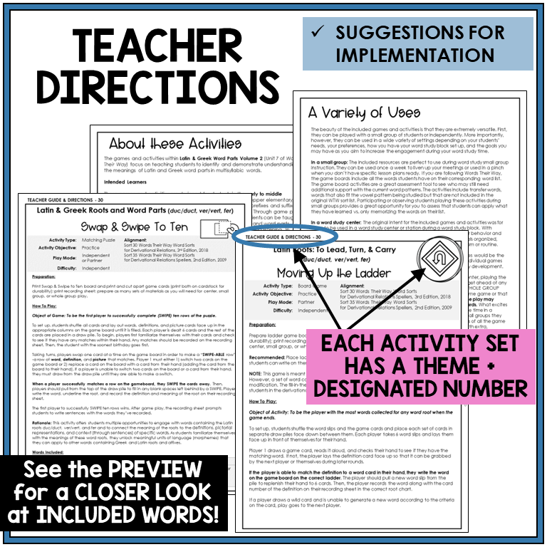 Teacher directions for Latin roots DUC/DUCT, VER/VERT, FER games