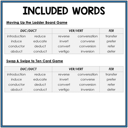 Word list for Latin roots DUC/DUCT, VER/VERT, FER, Sort 30