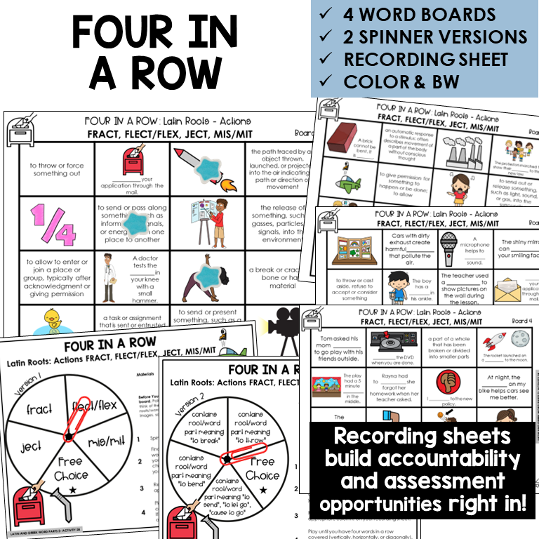 Four in a Row word board activity for Latin roots FRACT, FLECT/FLEX, JECT, MIS/MIT