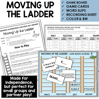 Moving Up the Ladder board game for Latin roots FRACT, FLECT/FLEX, JECT, MIS/MIT