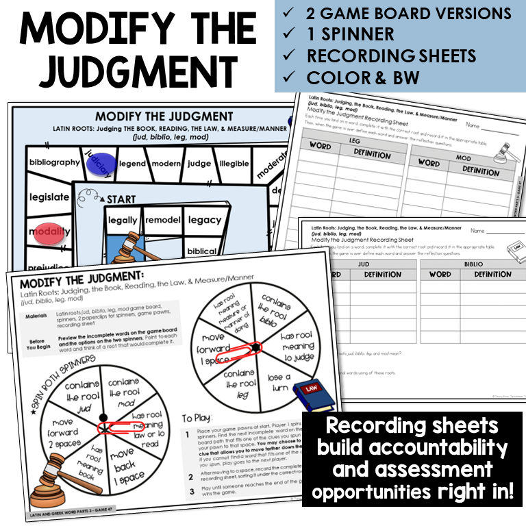 Modify the Judgment board game for Latin roots JUD, BIBLIO, LEG, MOD