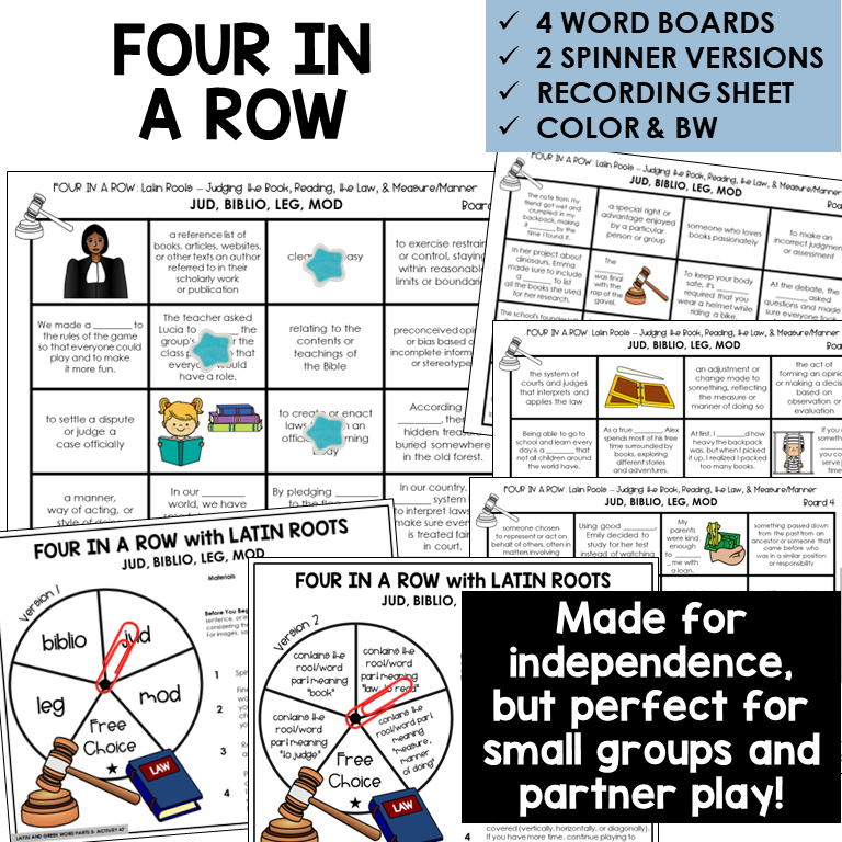 Four in a Row word board activity for Latin roots JUD, BIBLIO, LEG, MOD