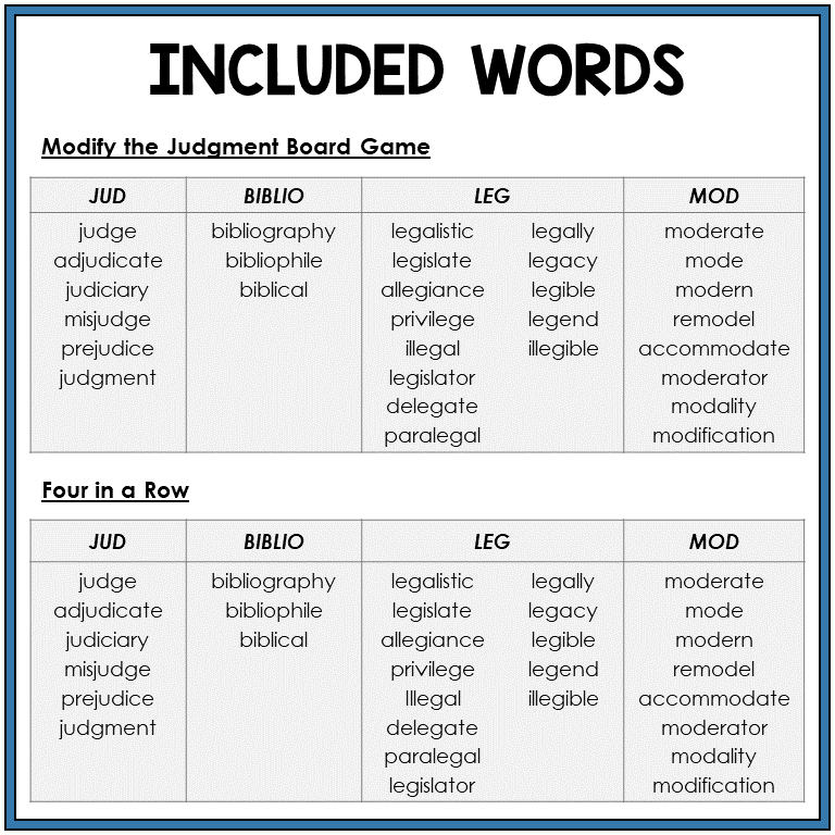 Word list for Latin roots JUD, BIBLIO, LEG, MOD, Sort 47
