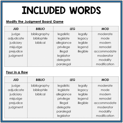 Word list for Latin roots JUD, BIBLIO, LEG, MOD, Sort 47