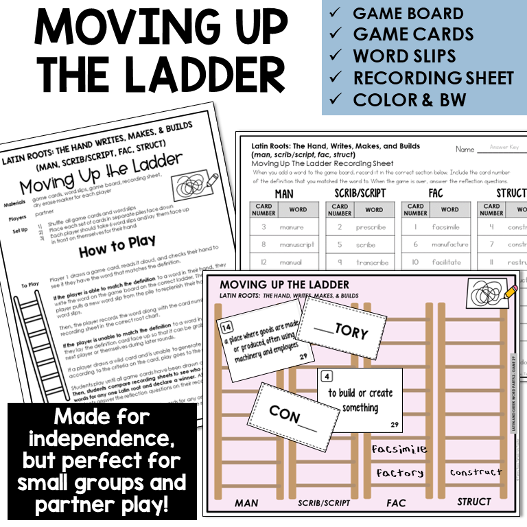 Moving Up the Ladder board game for Latin roots MAN, SCRIB/SCRIPT, FAC, STRUCT