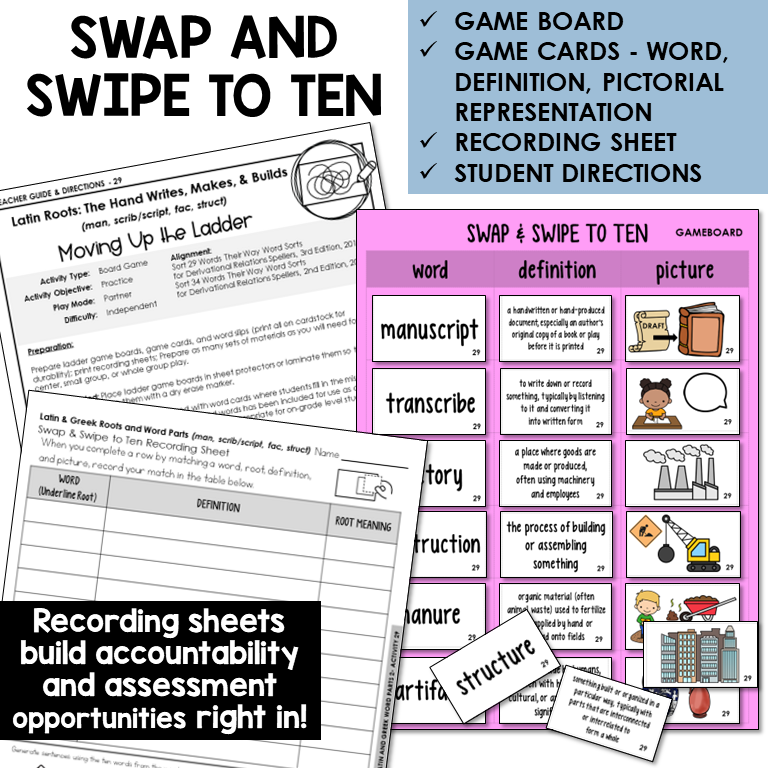 Swipe & Swap to Ten card game for Latin roots MAN, SCRIB/SCRIPT, FAC, STRUCT