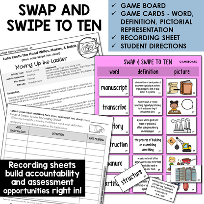 Swipe & Swap to Ten card game for Latin roots MAN, SCRIB/SCRIPT, FAC, STRUCT
