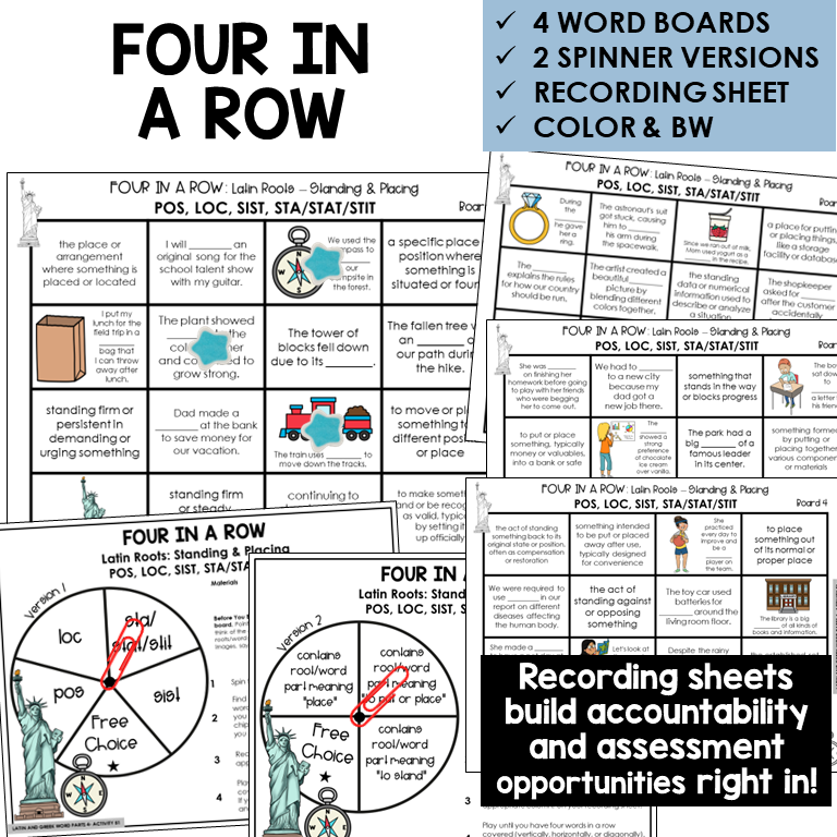 Four in a Row word board activity for Latin roots POS, LOC, SIST, STA/STAT/STIT